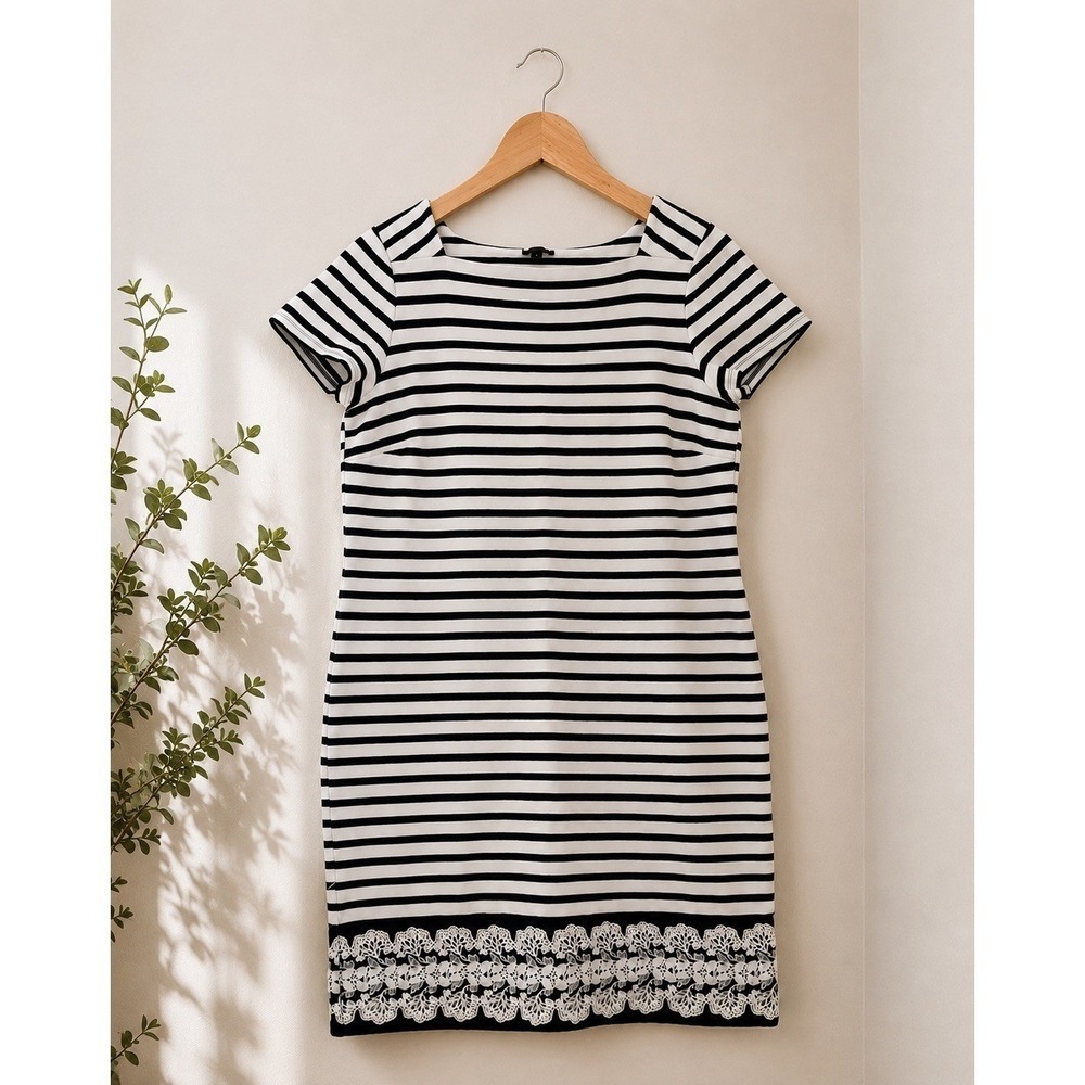 Talbots Petites MP Navy White Striped Lace Hem Sheath Dress Short Sleeve Dress
